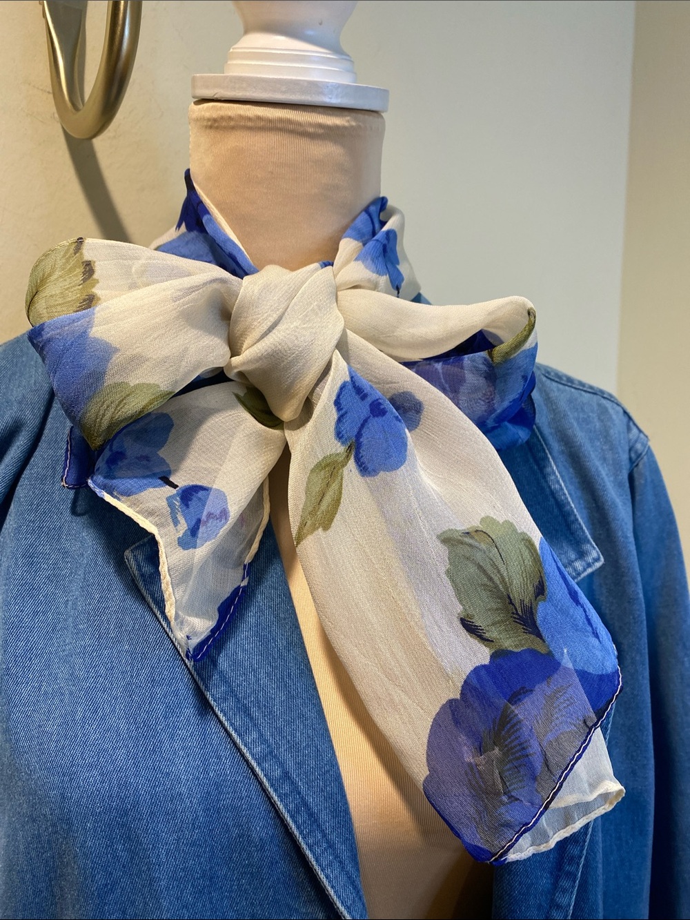 Lightweight White Scarf with Blue Floral Print
